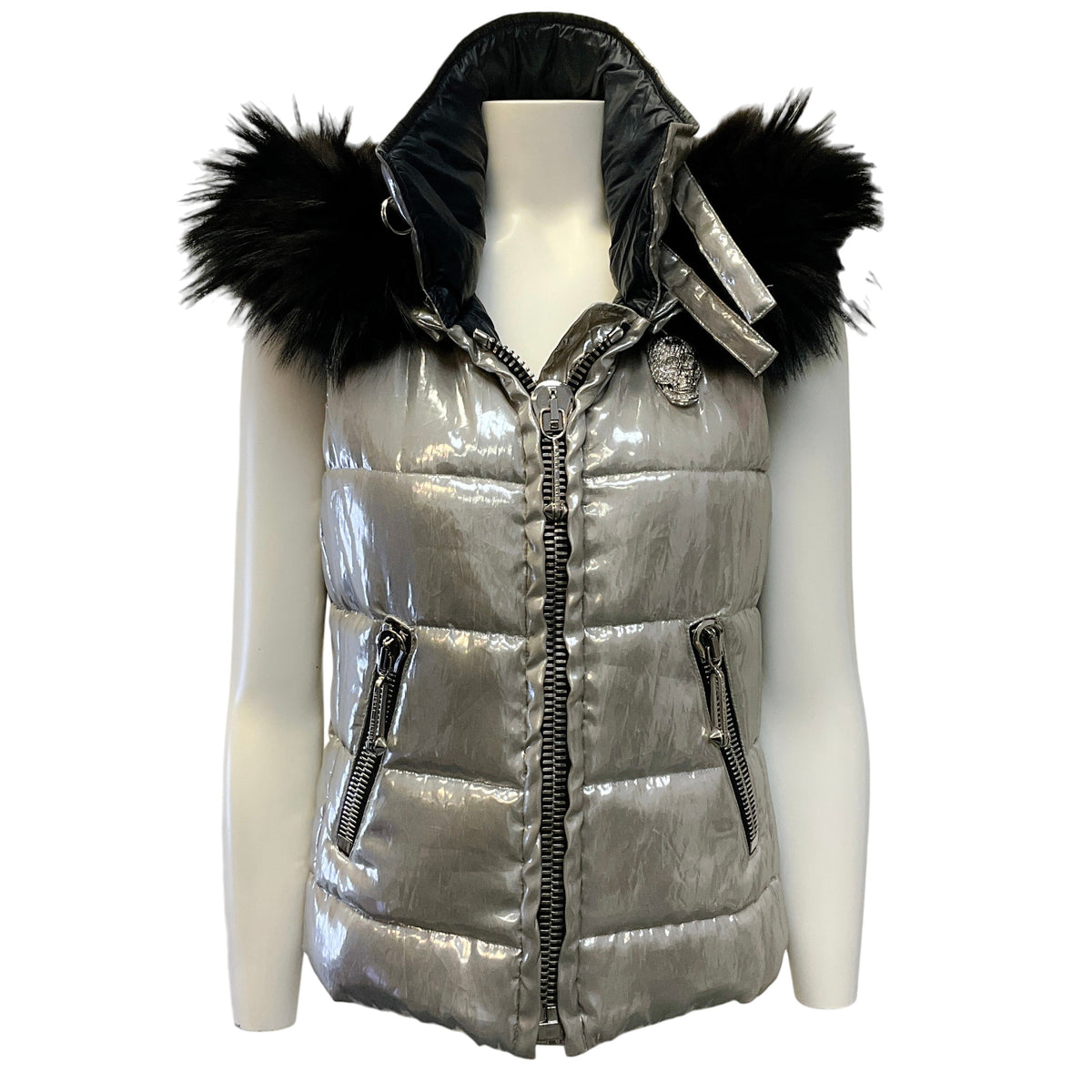 Philipp Plein Silver Puffer Vest with Black Fox Trimmed Removable Hood