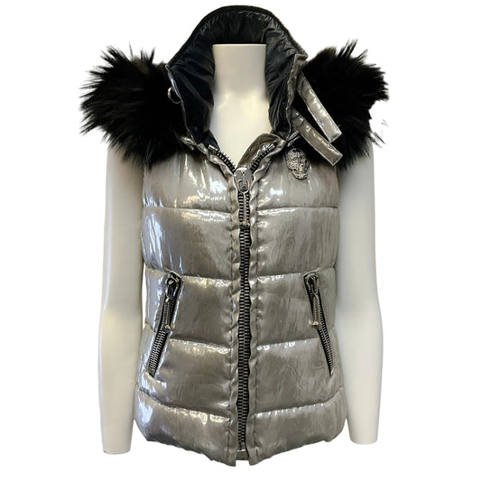 Philipp Plein Silver Puffer Vest with Black Fox Trimmed Removable Hood