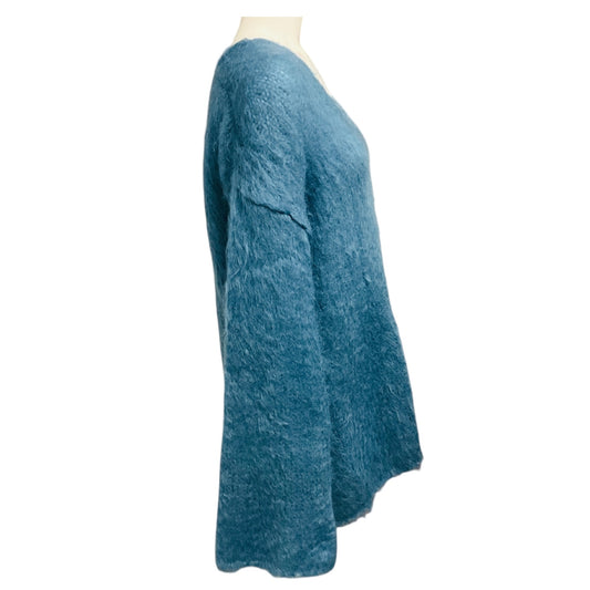 Rochas Slate Blue Mohair and Wool Knit Long Sleeved V-Neck Pullover Sweater