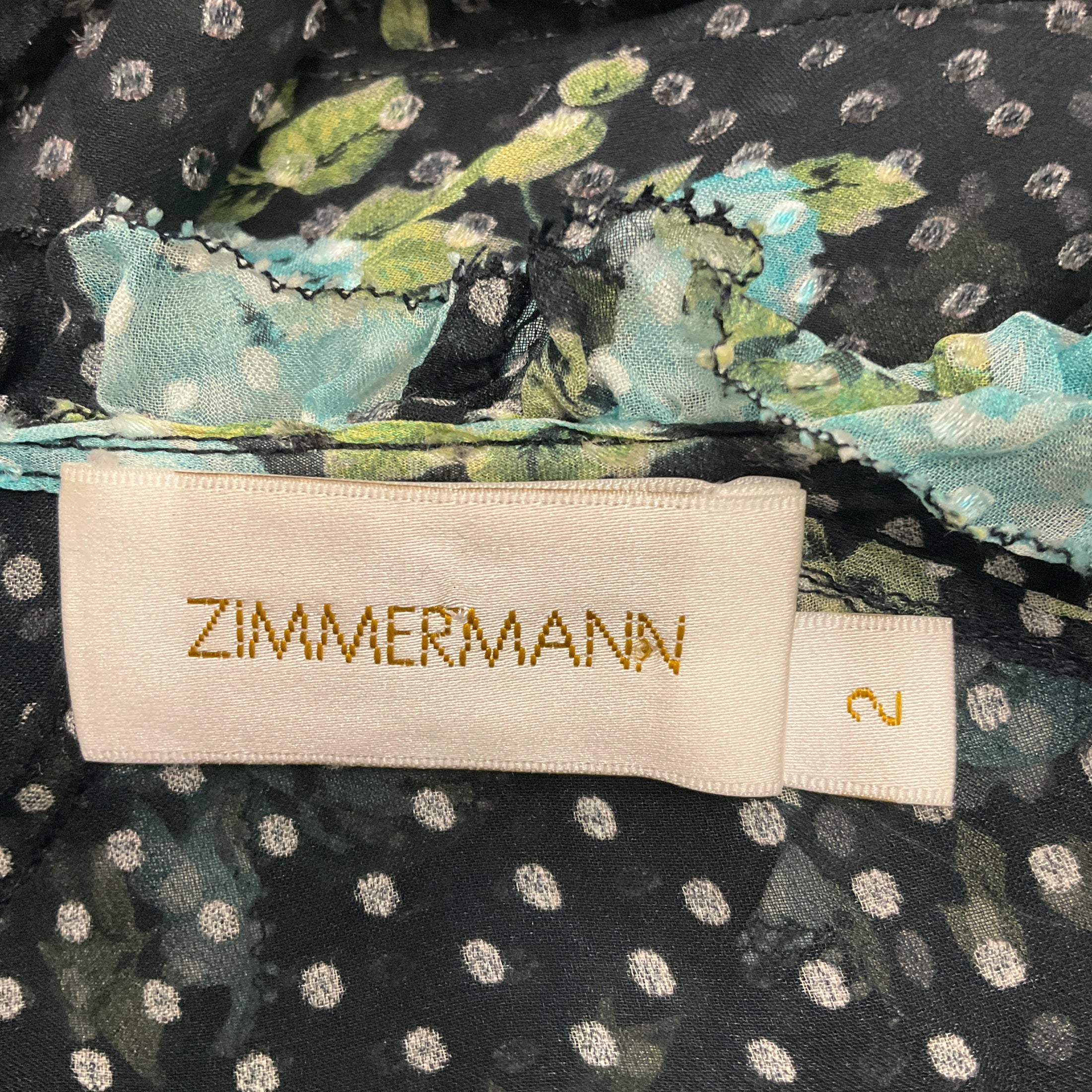 Zimmermann Black / Light Blue Multi Floral Printed Ruffled Sheer Silk Chiffon Wrap Dress