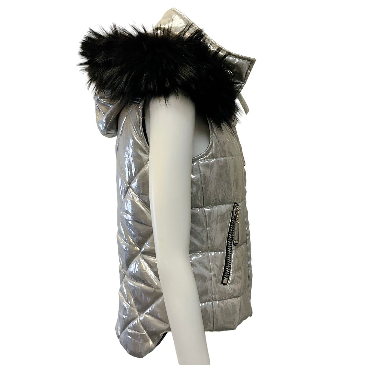 Philipp Plein Silver Puffer Vest with Black Fox Trimmed Removable Hood