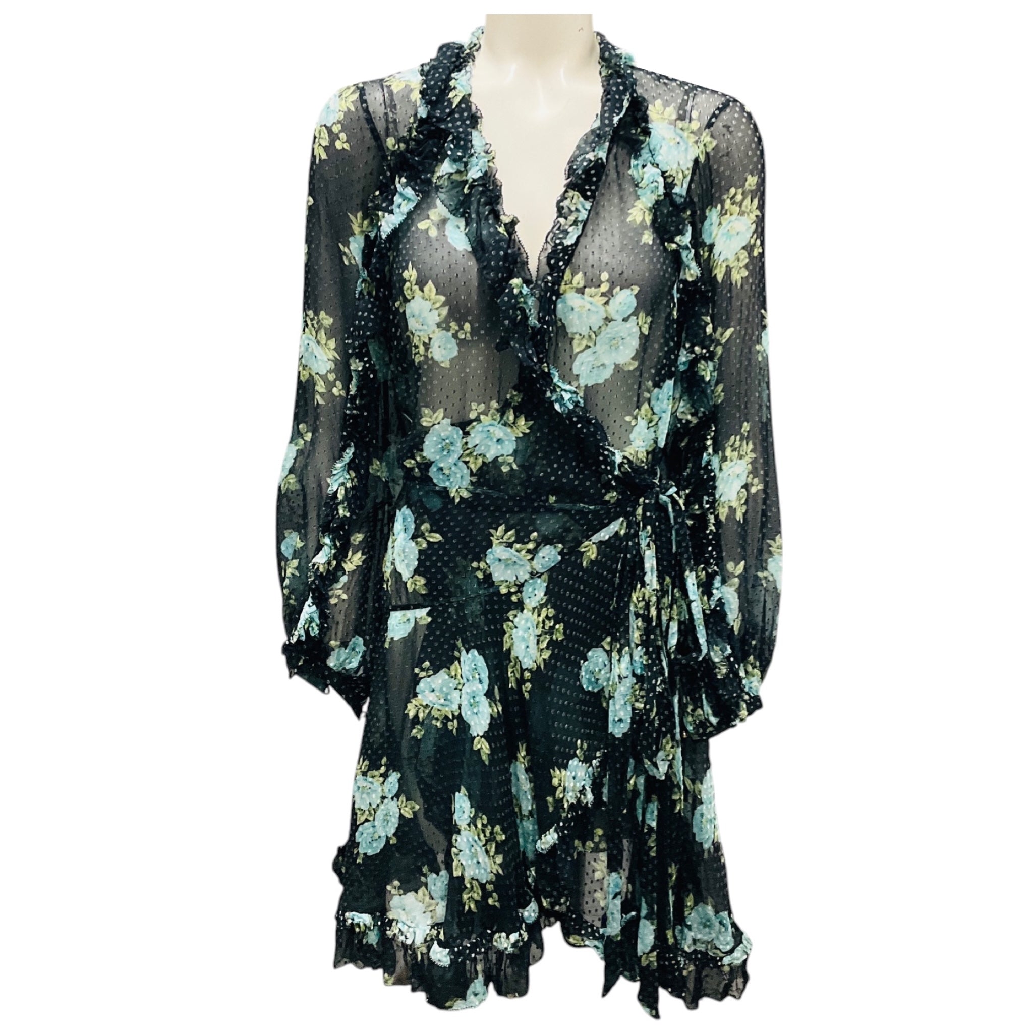 Zimmermann Black / Light Blue Multi Floral Printed Ruffled Sheer Silk Chiffon Wrap Dress