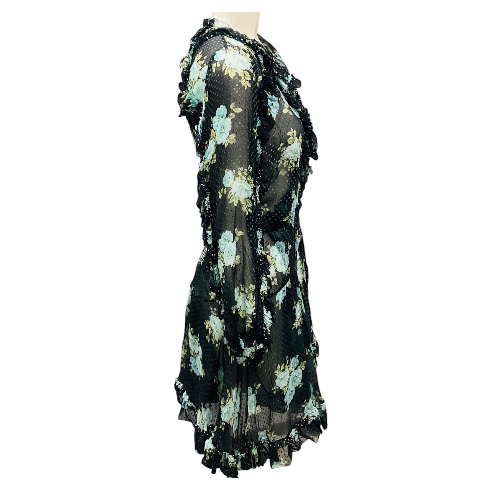 Zimmermann Black / Light Blue Multi Floral Printed Ruffled Sheer Silk Chiffon Wrap Dress