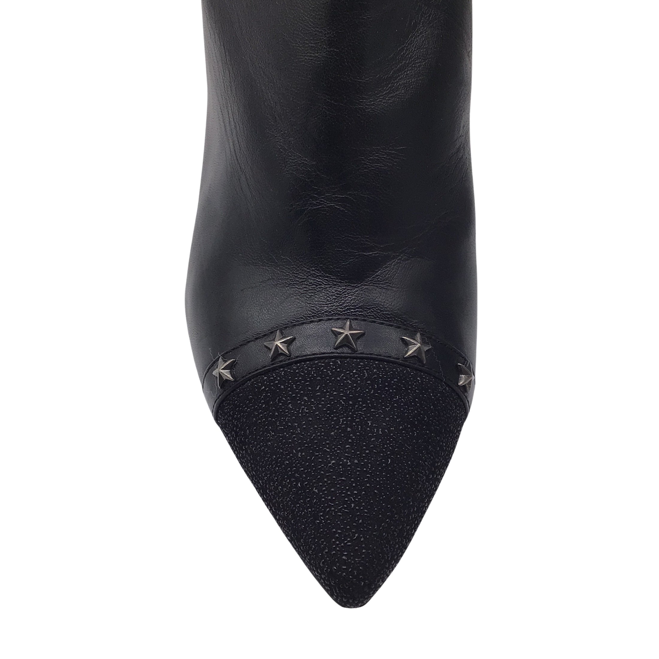 Longchamp Black Star Studded Pointed Toe Leather Ankle Boots