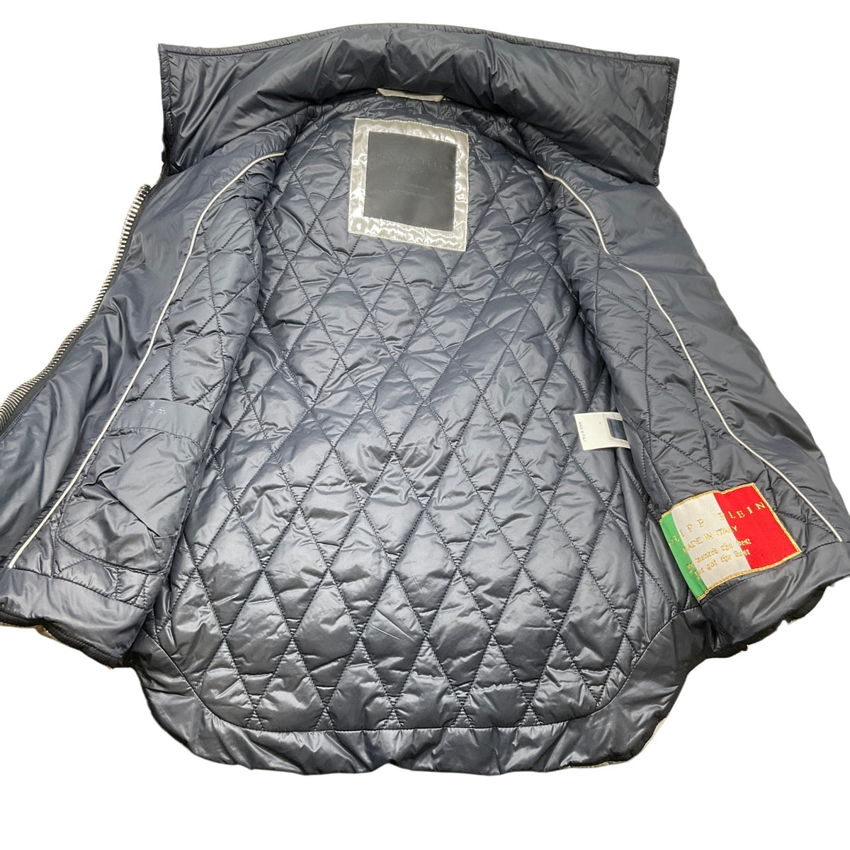 Philipp Plein Silver Puffer Vest with Black Fox Trimmed Removable Hood