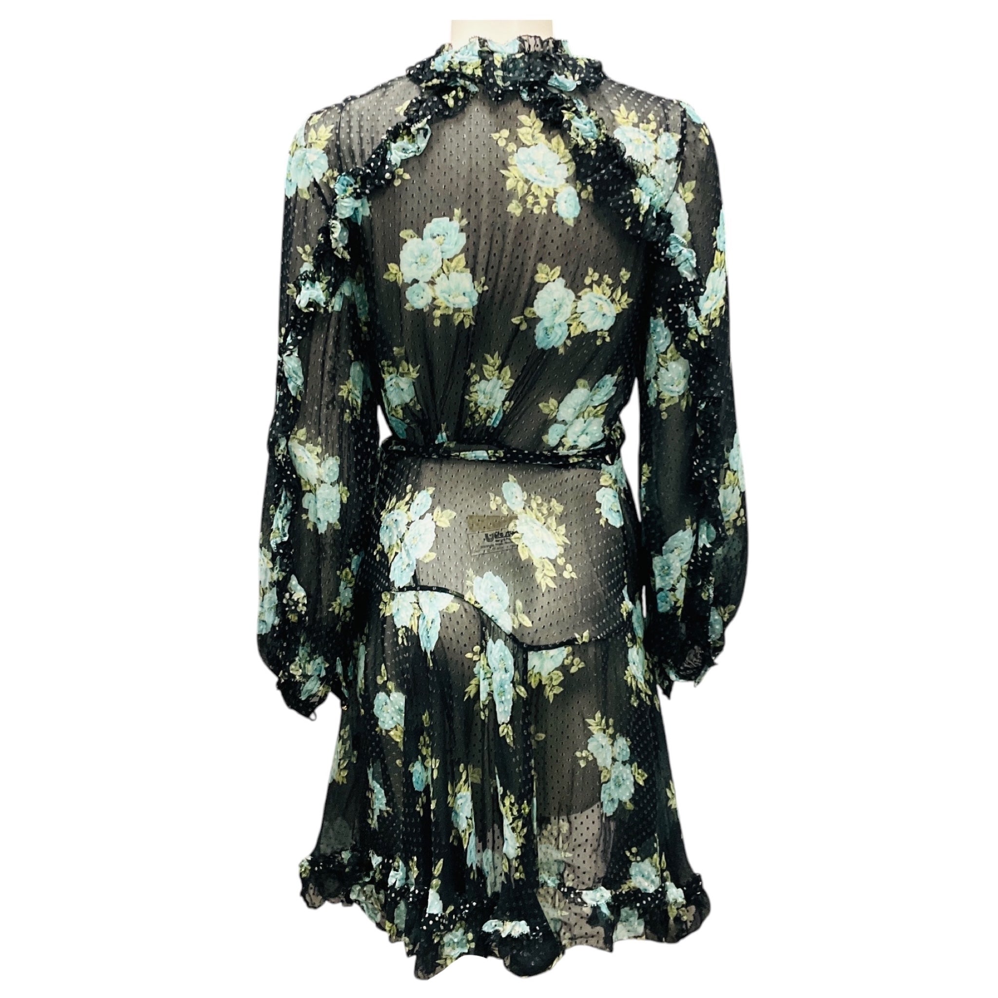 Zimmermann Black / Light Blue Multi Floral Printed Ruffled Sheer Silk Chiffon Wrap Dress