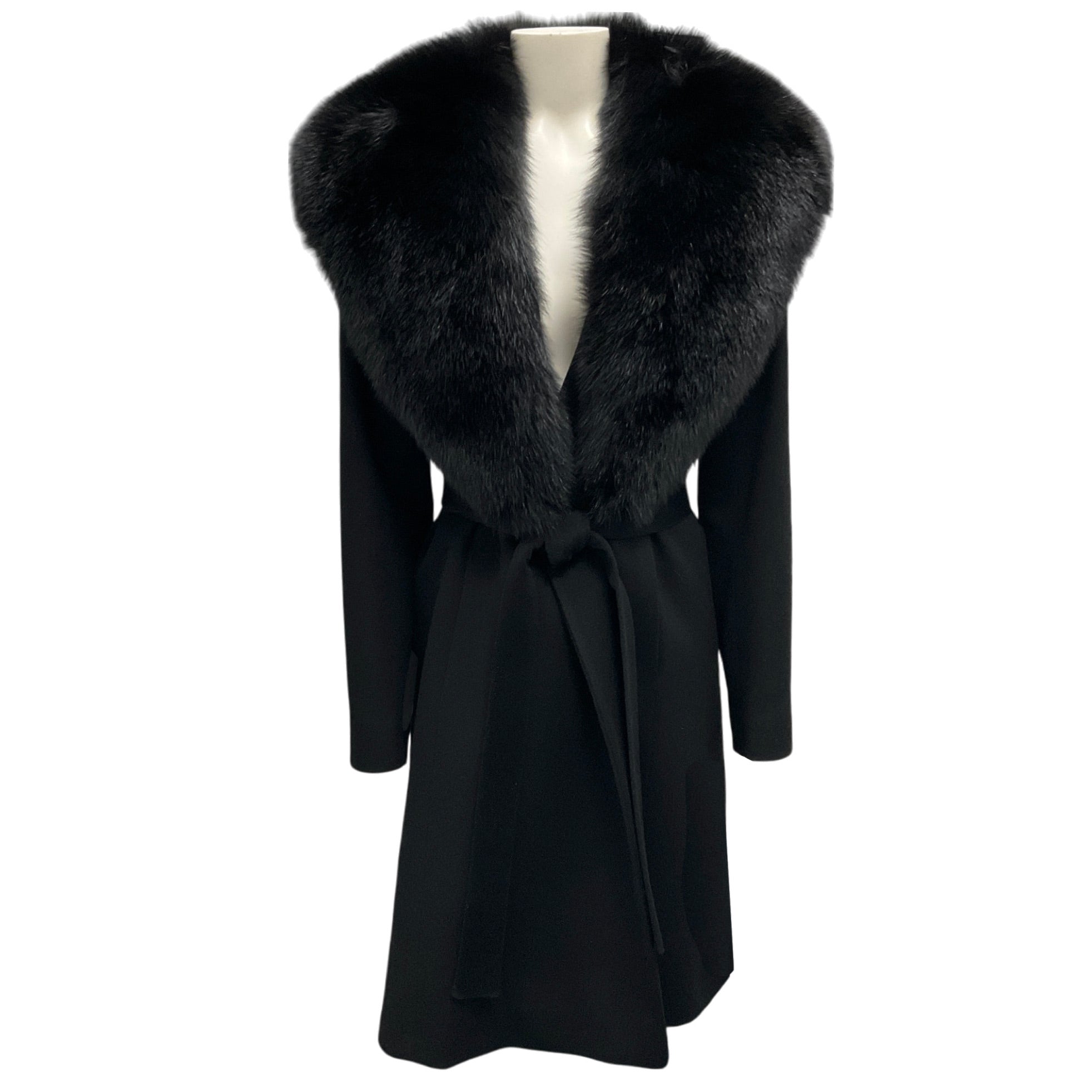 Fleurette Black Fox Fur Collared Belted Wool Coat