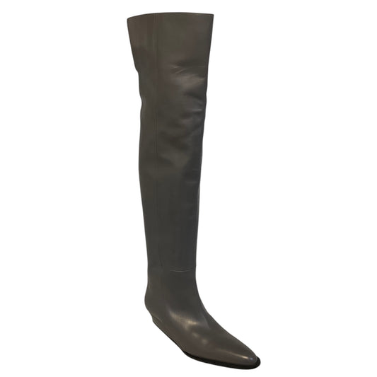 Victoria Beckham Grey Leather Tall Over the Knee Low Wedge Heel Boots