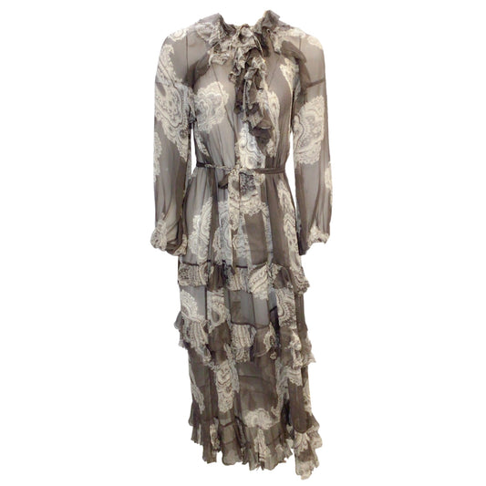 Zimmermann Grey / White Paisley Printed Ruffled Belted Long Sleeved Silk Midi Dress