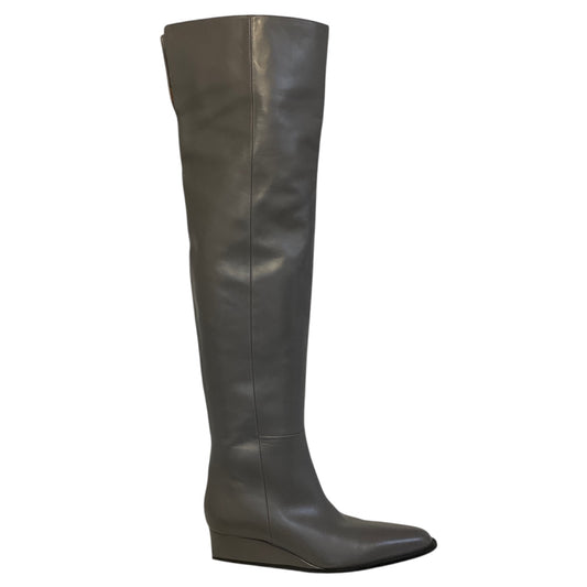 Victoria Beckham Grey Leather Tall Over the Knee Low Wedge Heel Boots