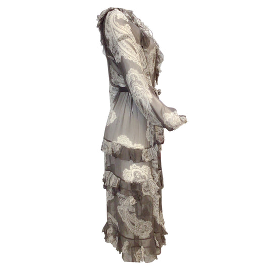 Zimmermann Grey / White Paisley Printed Ruffled Belted Long Sleeved Silk Midi Dress