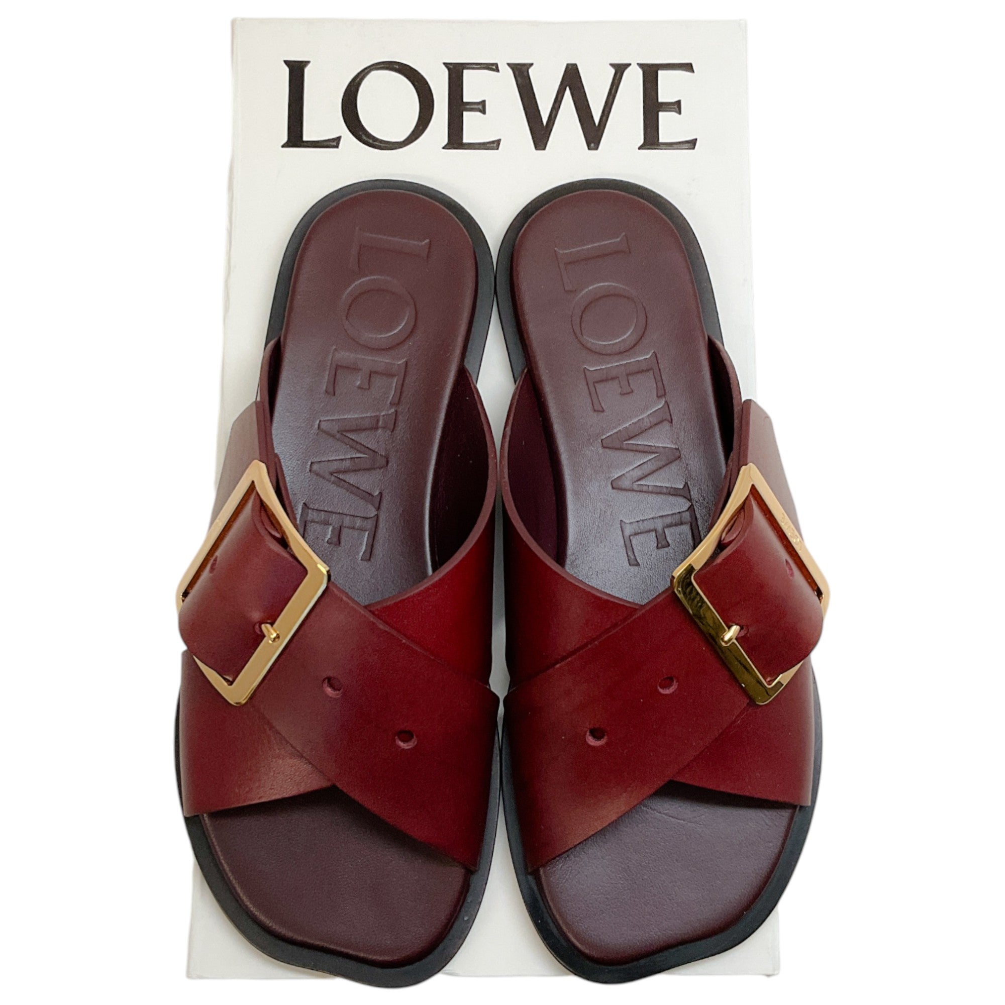 Loewe Burgundy Leather Petal Belt Flat Sandals