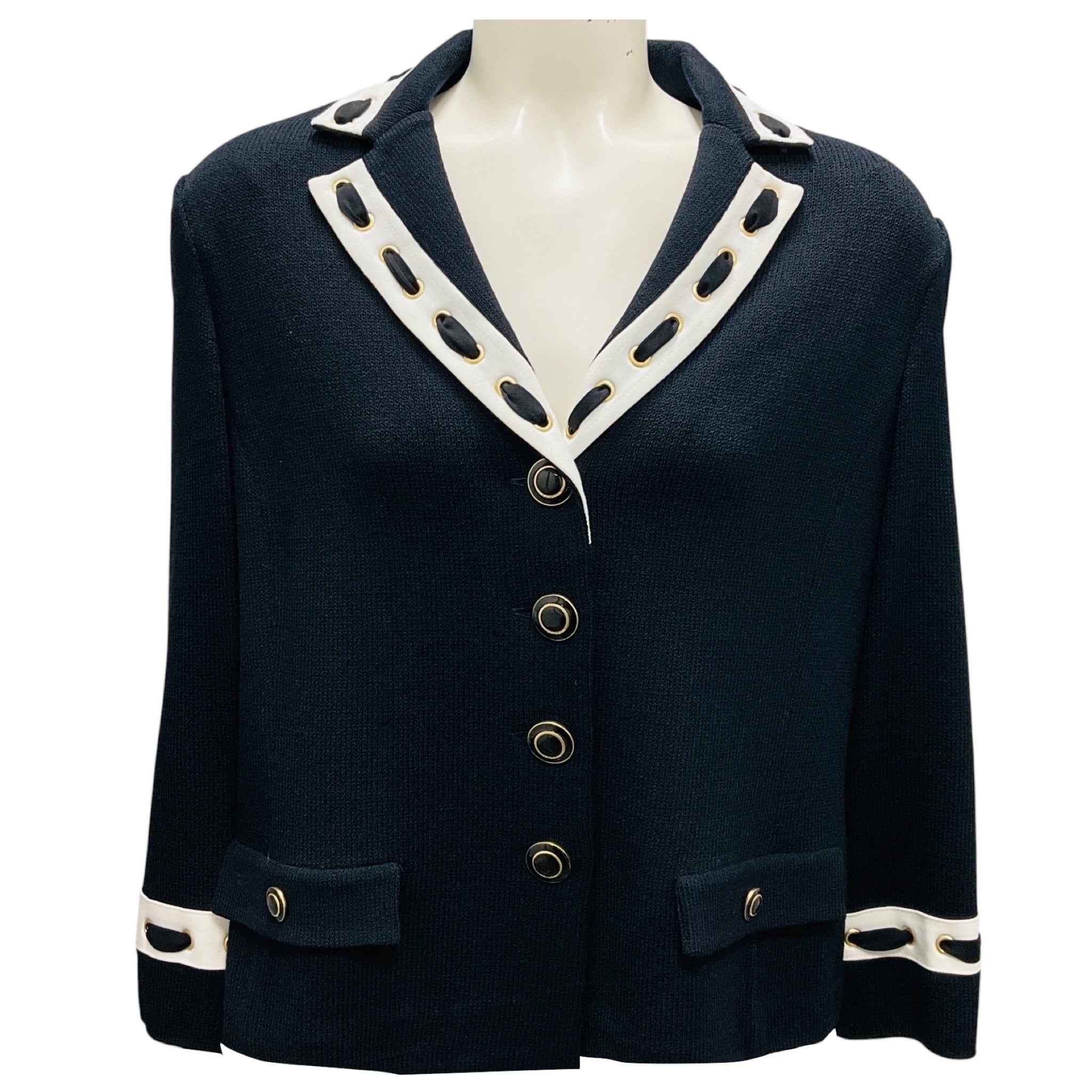 St. John Collection Black / White Lace Detail Wool Knit Jacket