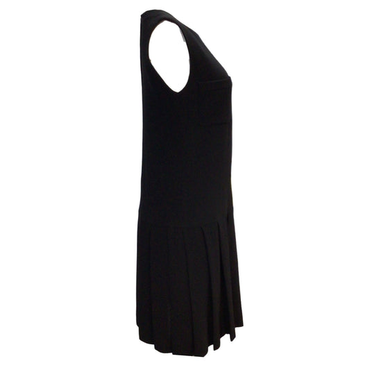Chanel Boutique Black Vintage Pleated Silk Lined Sleeveless Wool Dress