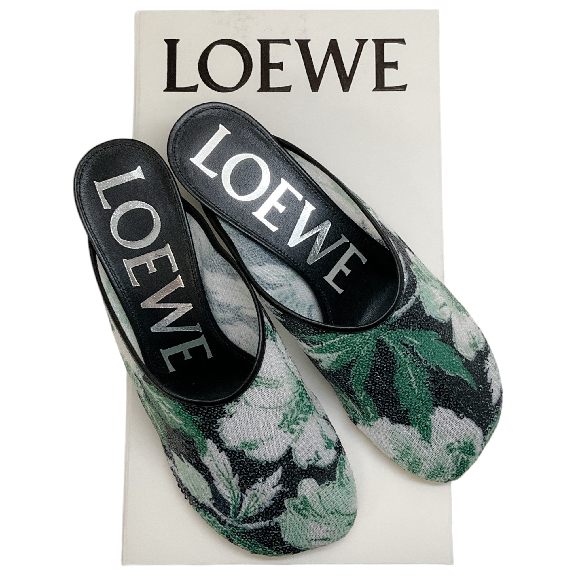 Loewe Green Hibiscus Sequined Toy Mules