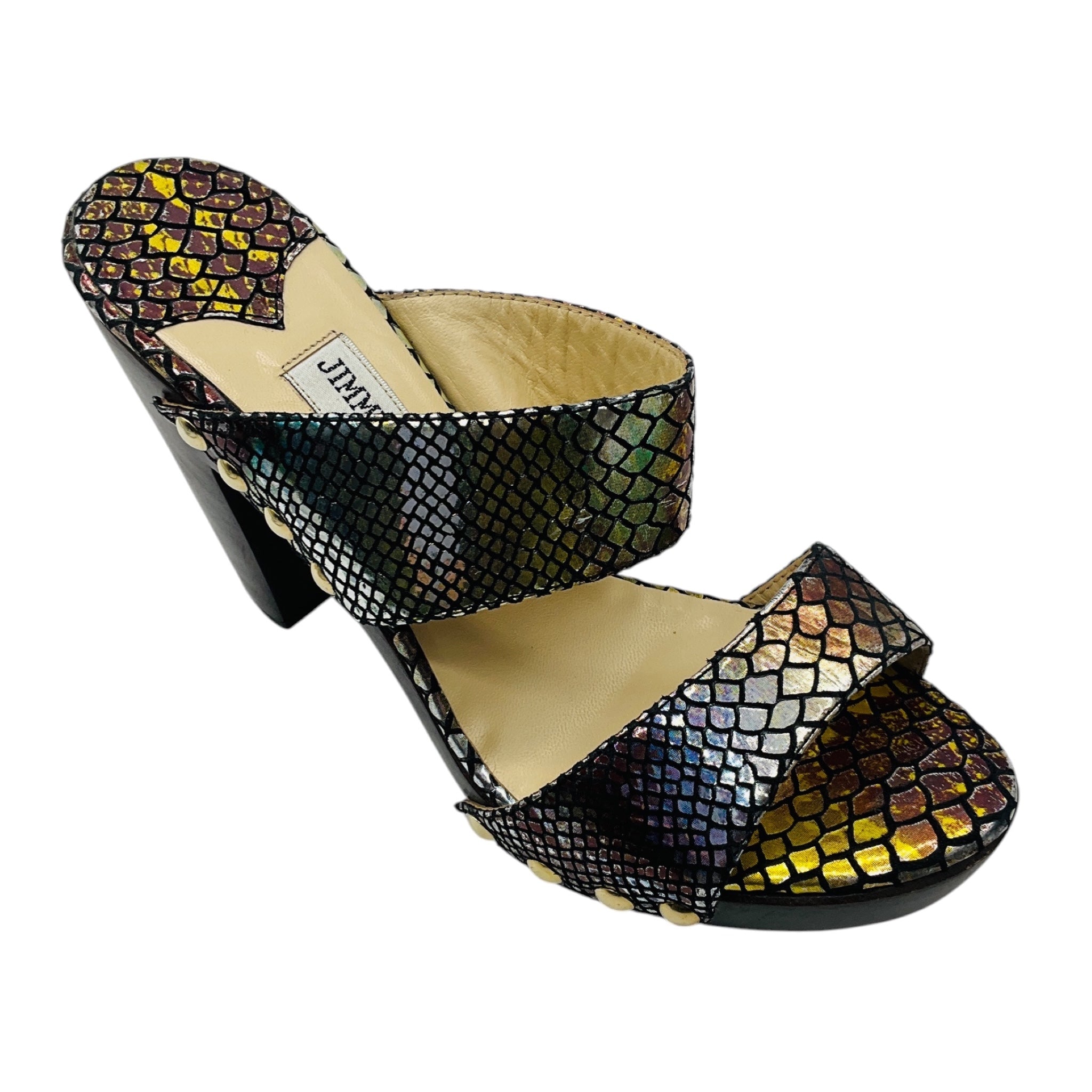 Jimmy Choo Metallic Multi Snake Print Wooden Heel Sandals