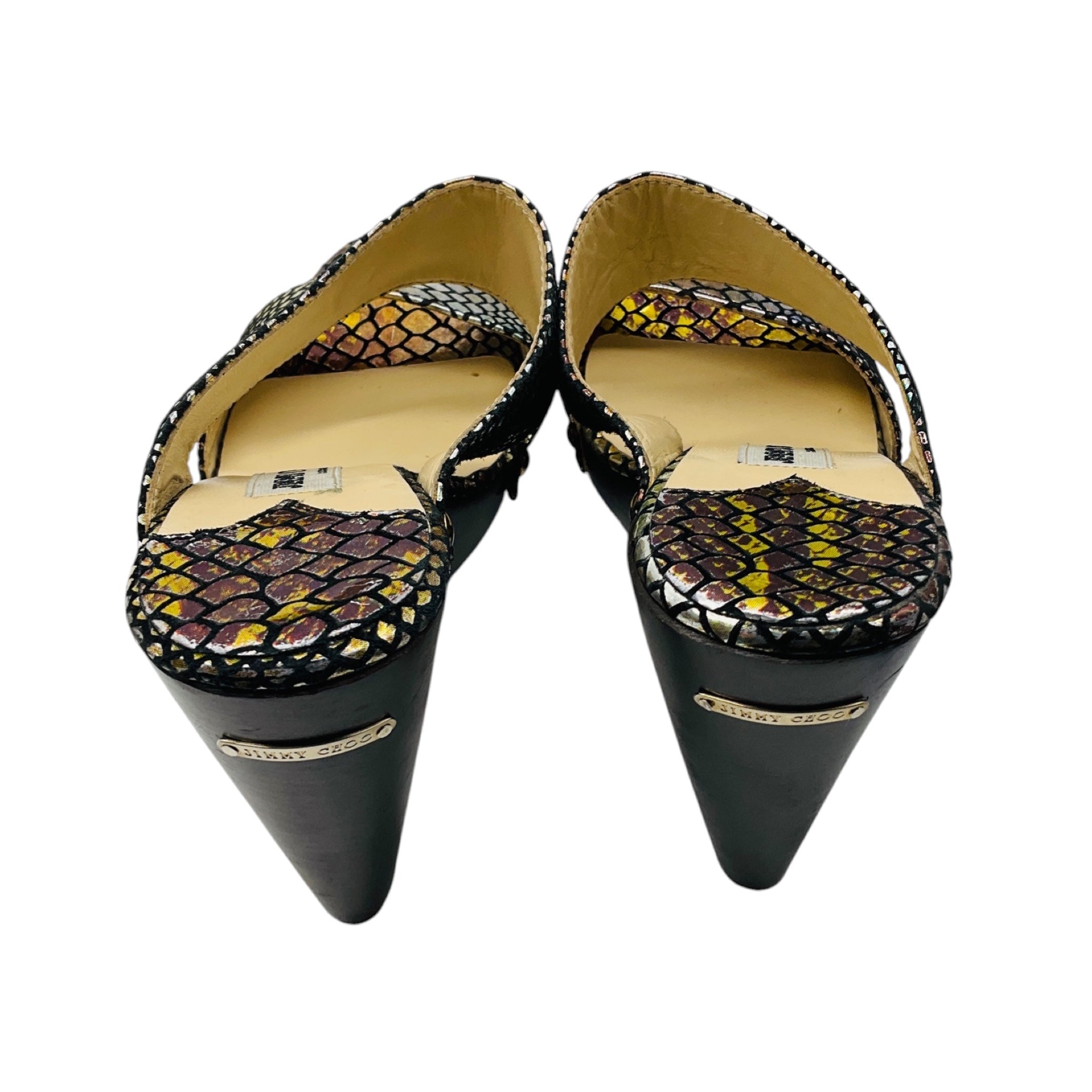 Jimmy Choo Metallic Multi Snake Print Wooden Heel Sandals