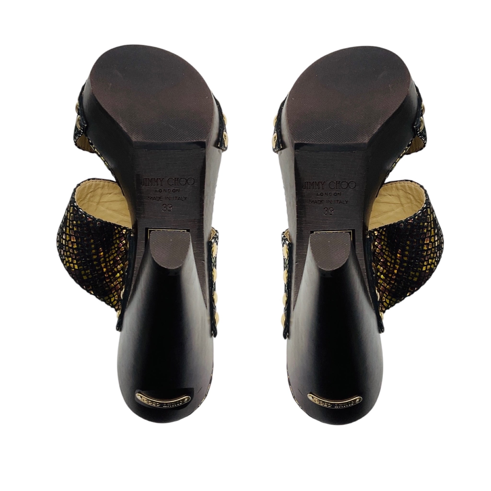 Jimmy Choo Metallic Multi Snake Print Wooden Heel Sandals