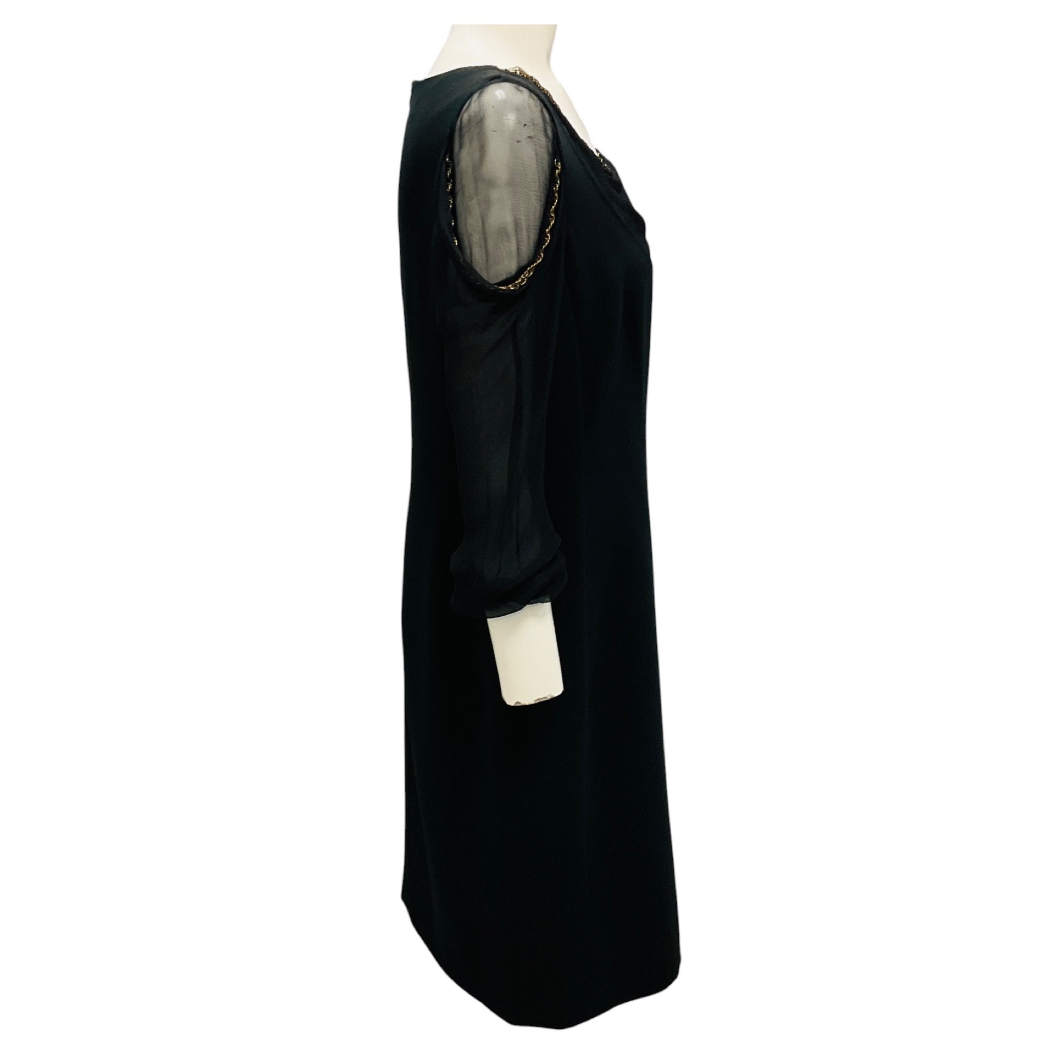 Moschino Black / Gold Chain Detail Silk Chiffon and Crepe Cocktail Dress