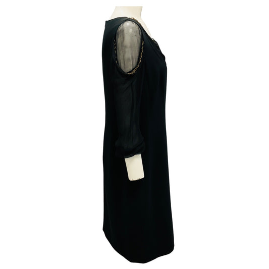 Moschino Black / Gold Chain Detail Silk Chiffon and Crepe Cocktail Dress