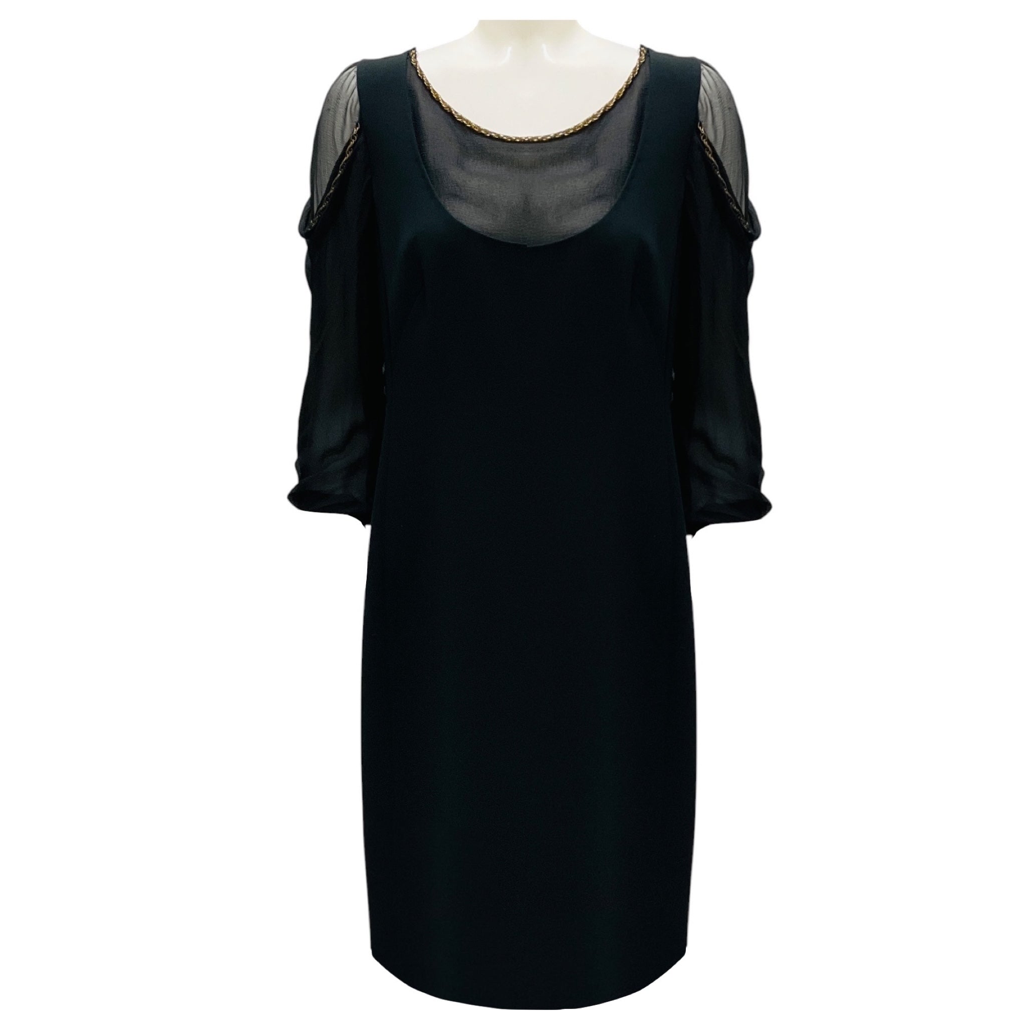Moschino Black / Gold Chain Detail Silk Chiffon and Crepe Cocktail Dress