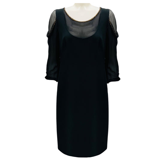 Moschino Black / Gold Chain Detail Silk Chiffon and Crepe Cocktail Dress