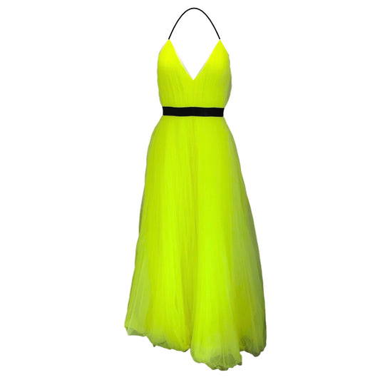 Alice + Olivia Neon Yellow / Black Mesh Tulle Long Halterneck Dress