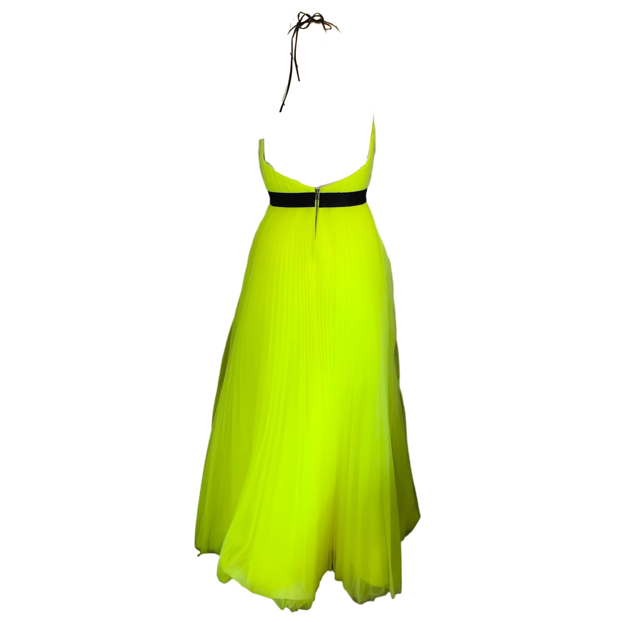 Alice + Olivia Neon Yellow / Black Mesh Tulle Long Halterneck Dress