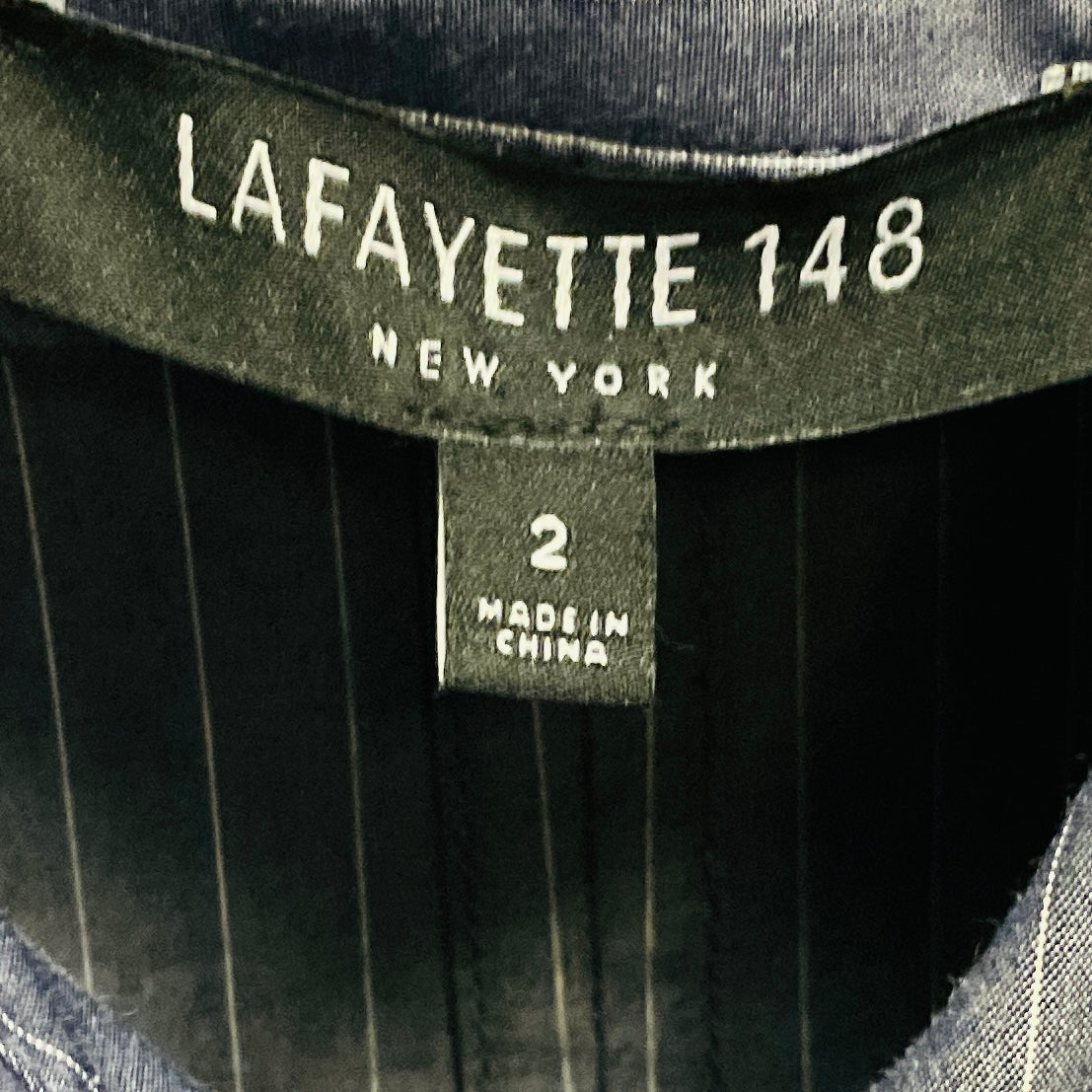 Lafayette 148 New York Blue / White Pinstriped Chambray Cotton Midi Dress