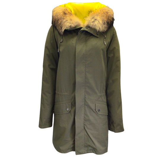 Yves Salomon Olive Green / Yellow / Tan Raccoon Fur Collar Hooded Cotton Coat