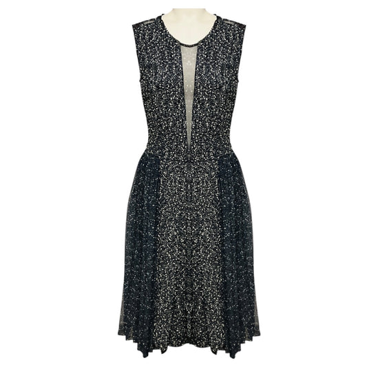 Adam Lippes Black / White / Blue / Navy Multi Pleated Silk Chiffon and Wool Tweed Dress