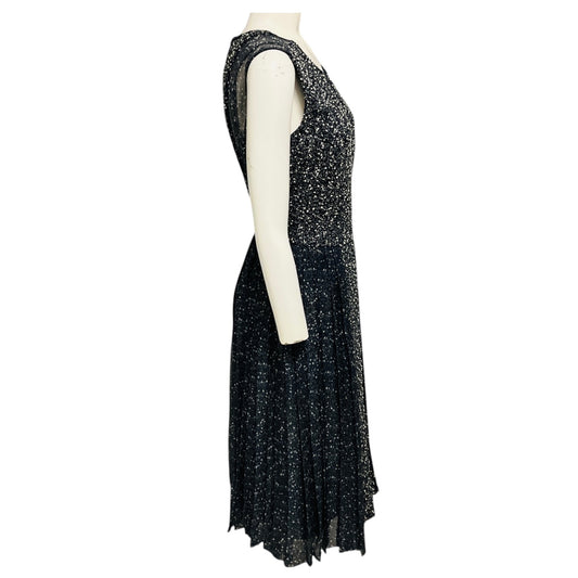 Adam Lippes Black / White / Blue / Navy Multi Pleated Silk Chiffon and Wool Tweed Dress