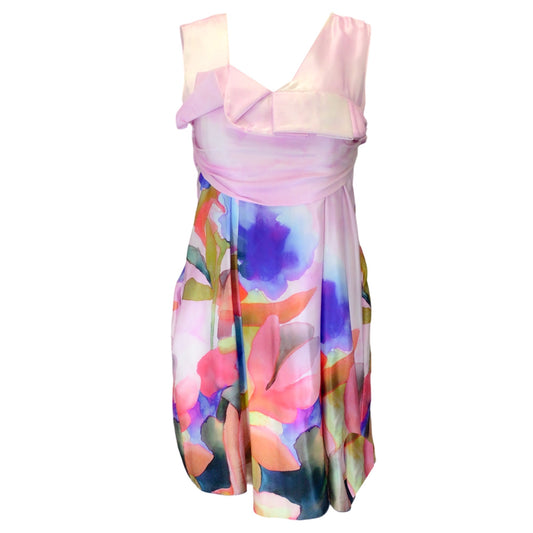 Krizia Pink Multi Watercolor Printed Sleeveless Silk Dress