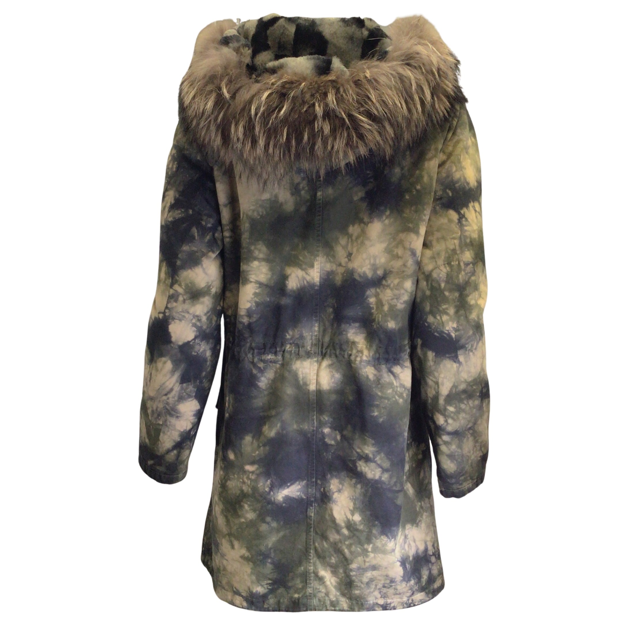 Yves Salomon Olive Green Rabbit Fur Trim Hooded Raccoon Fur Lined Army Print Cotton Coat