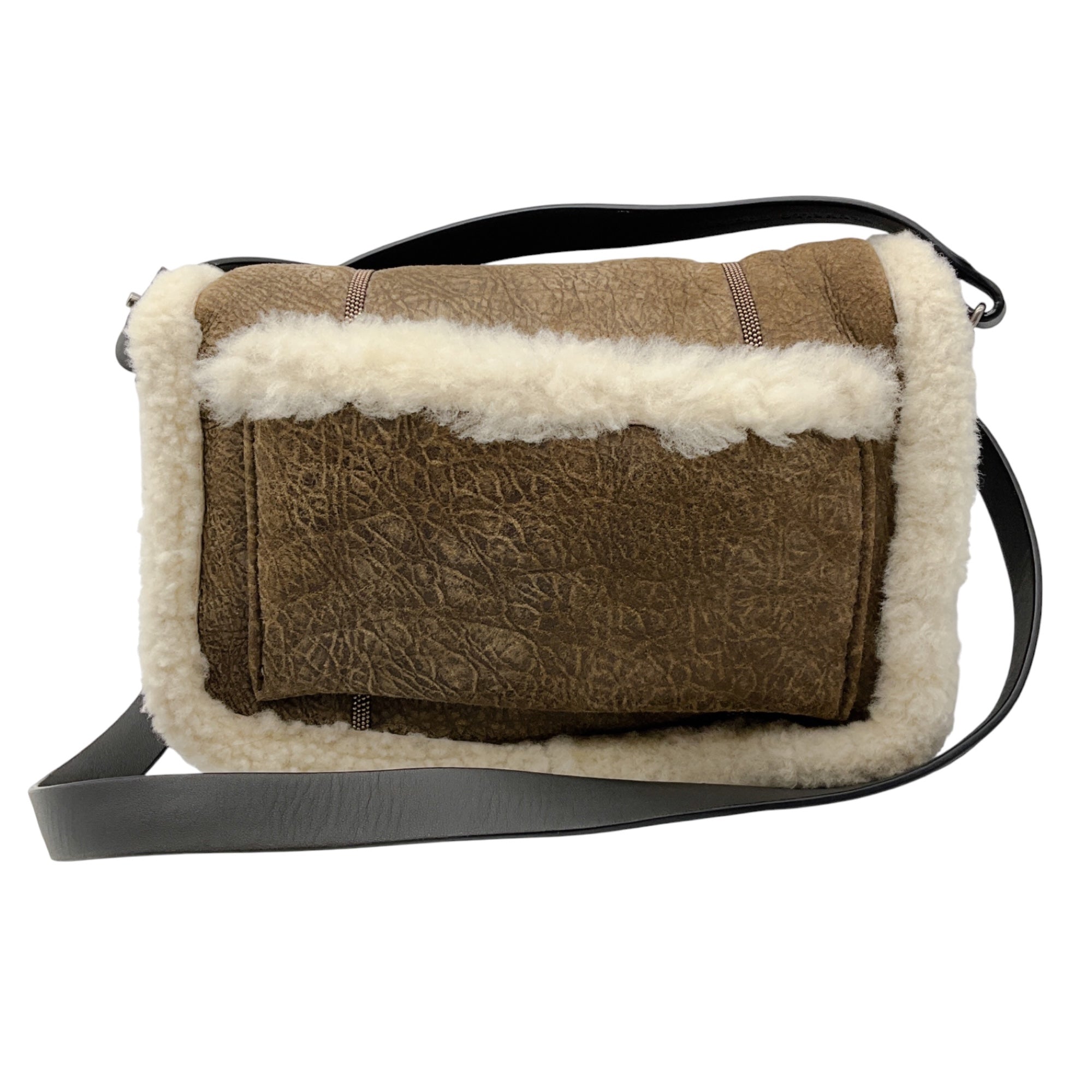 Brunello Cucinelli Brown / Cream Monili Bead Embellished Lamb Shearling Handbag