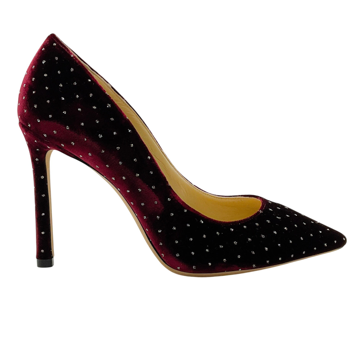 Jimmy Choo Burgundy Velvet Romy 100 Pumps with Crystal Embellishments