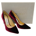 Load image into Gallery viewer, Jimmy Choo Burgundy Velvet Romy 100 Pumps with Crystal Embellishments
