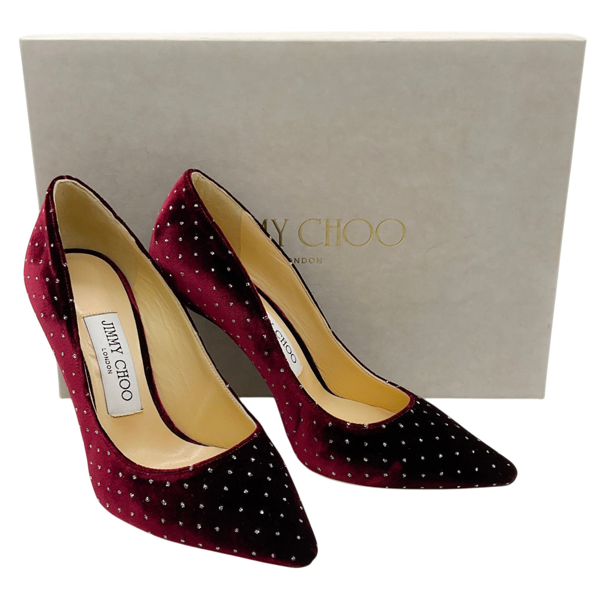 Jimmy Choo Burgundy Velvet Romy 100 Pumps with Crystal Embellishments