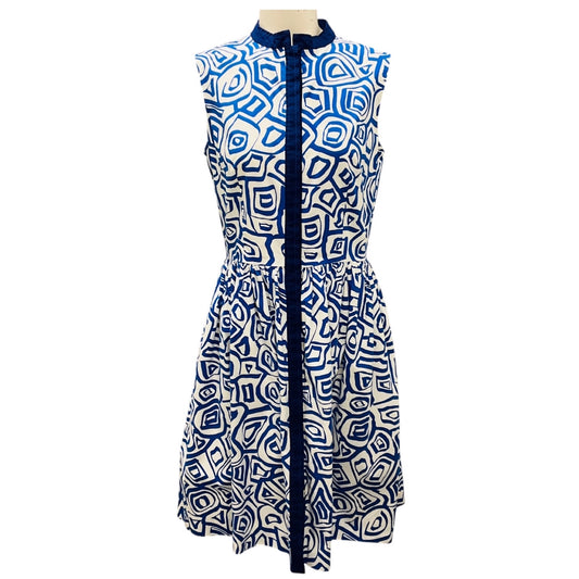Oscar de la Renta Blue / White Printed Sleeveless Flared Dress