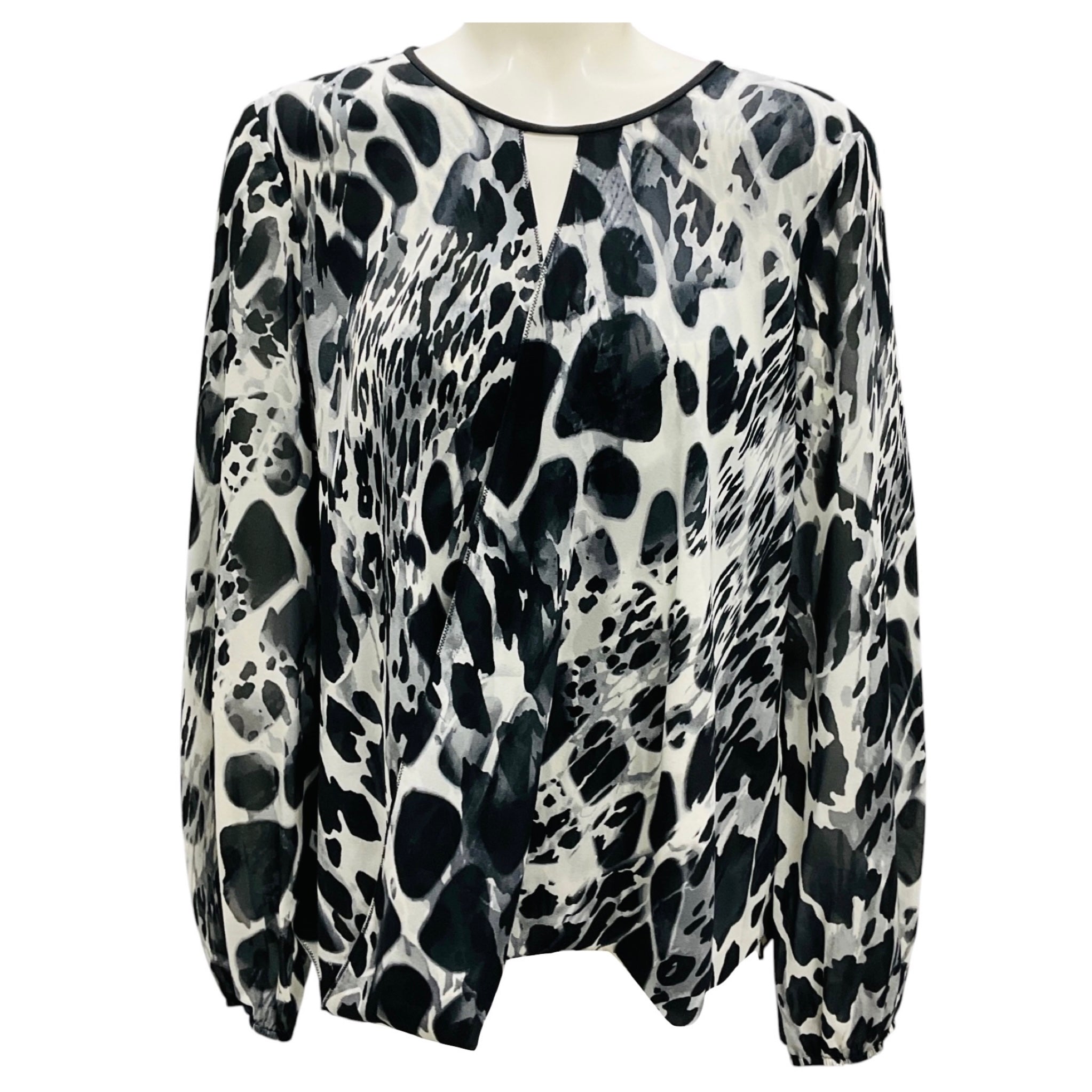 St. John Black / Cream Multi Printed Keyhole Faux Wrap Top