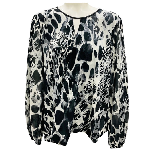 St. John Black / Cream Multi Printed Keyhole Faux Wrap Top