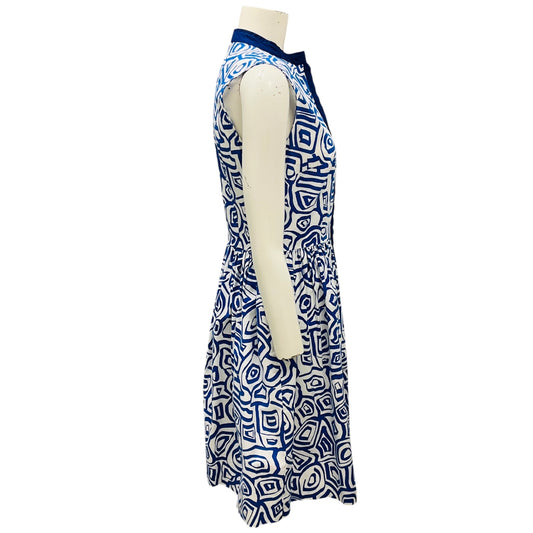 Oscar de la Renta Blue / White Printed Sleeveless Flared Dress