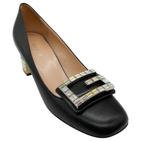Gucci Black Leather Crystal Embellished Block Heel Pumps
