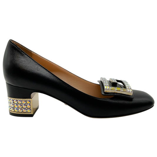 Gucci Black Leather Crystal Embellished Block Heel Pumps