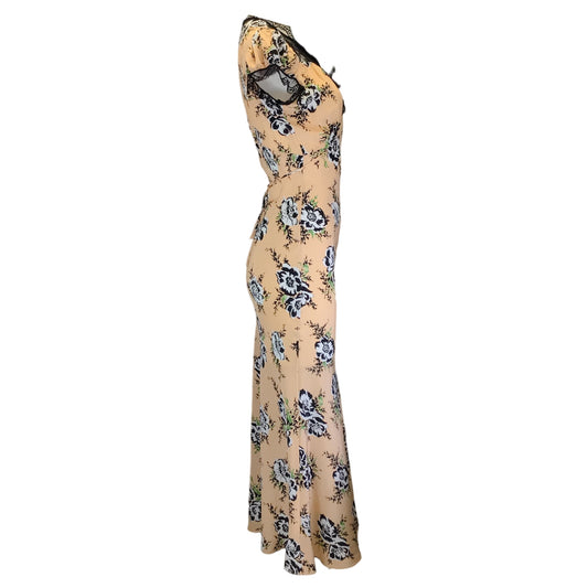 Rodarte Peach / Black Lace Trimmed Floral Printed Silk Maxi Dress