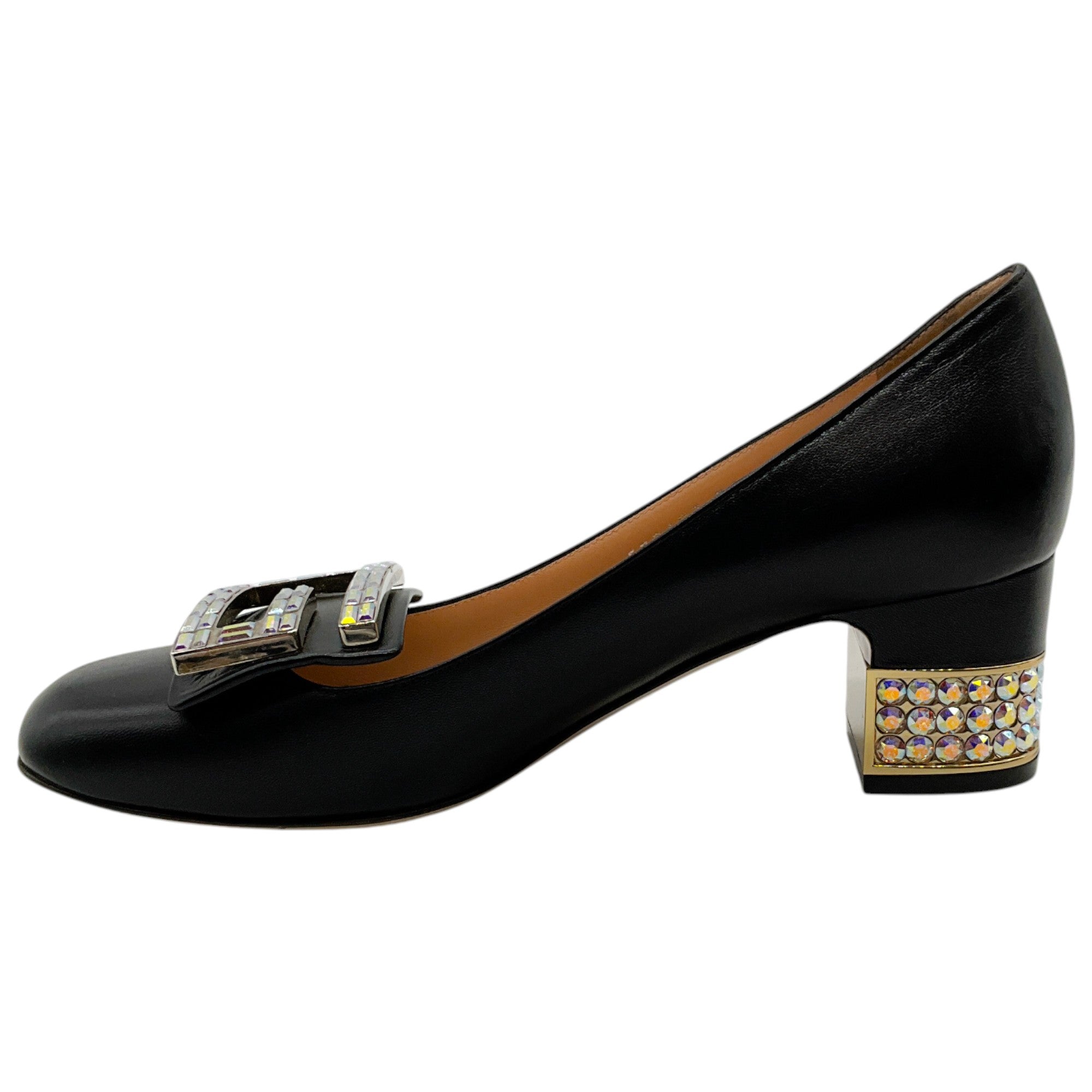 Gucci Black Leather Crystal Embellished Block Heel Pumps