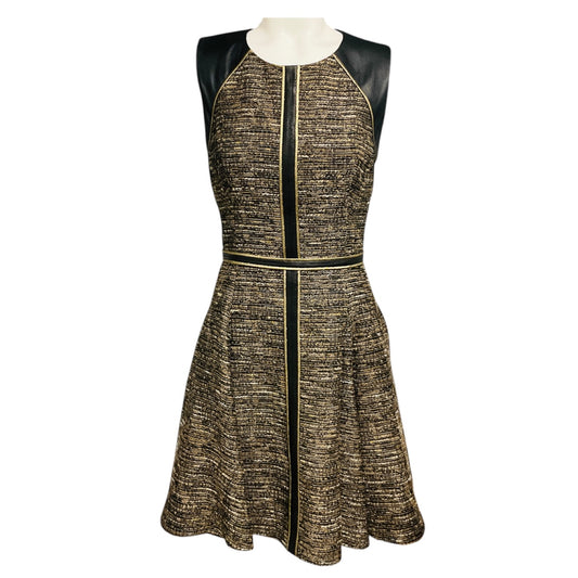 J. Mendel Taupe / Gold / Black Multi Tweed and Lamb Leather Sleeveless Flared Dress