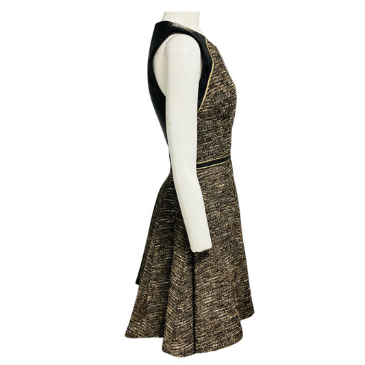 J. Mendel Taupe / Gold / Black Multi Tweed and Lamb Leather Sleeveless Flared Dress