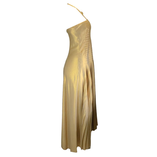 Akris Gold Metallic Pleated Silk Gown / Formal Dress