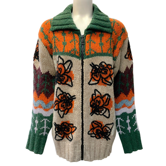 La DoubleJ Camel Multi Wool Embroidered Chalet Cardigan
